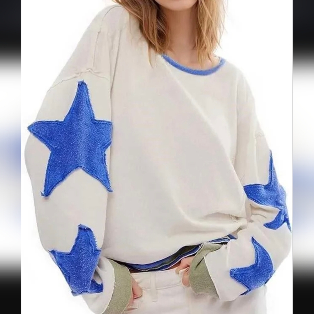 NEW Cream Long Sleeve Tee with Blue Star Appliqués
